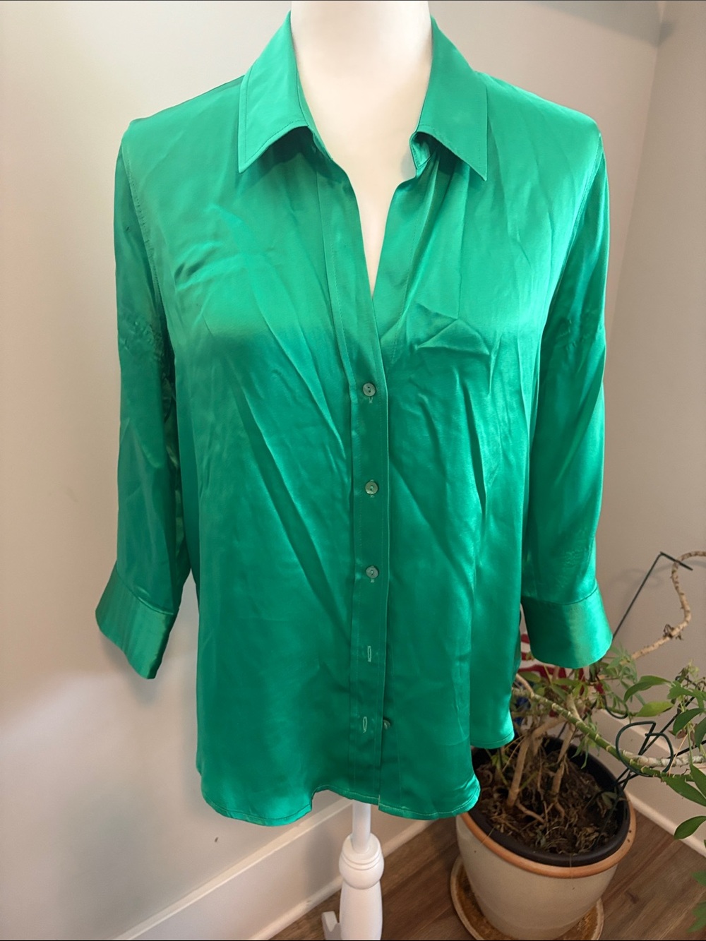 Silk Green Button-Front Women's Blouse